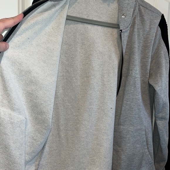 GRAY Bebe Sport zip hoodie silver sparkly rhinestone BEBE Distressed sleeve Med - Picture 10 of 14